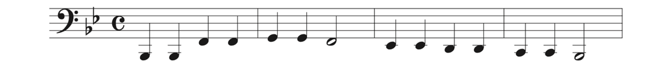 Twinkle, Twinkle Little Star written in bass clef beginning on B-flat1.